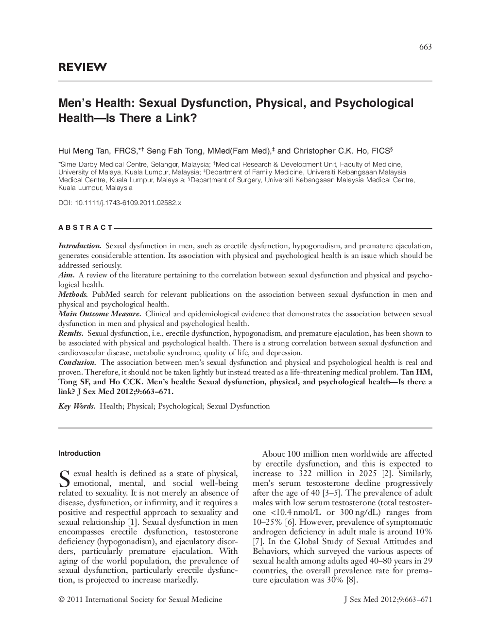 Men's Health: Sexual Dysfunction, Physical, and Psychological Health-Is There a Link?