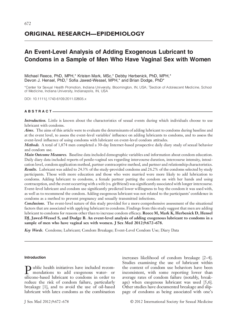 An EventâLevel Analysis of Adding Exogenous Lubricant to Condoms in a Sample of Men Who Have Vaginal Sex with Women