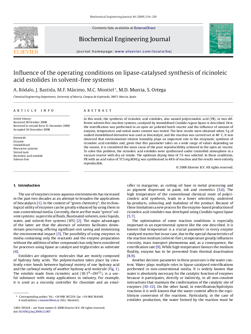 Influence of the operating conditions on lipase-catalysed synthesis of ricinoleic acid estolides in solvent-free systems