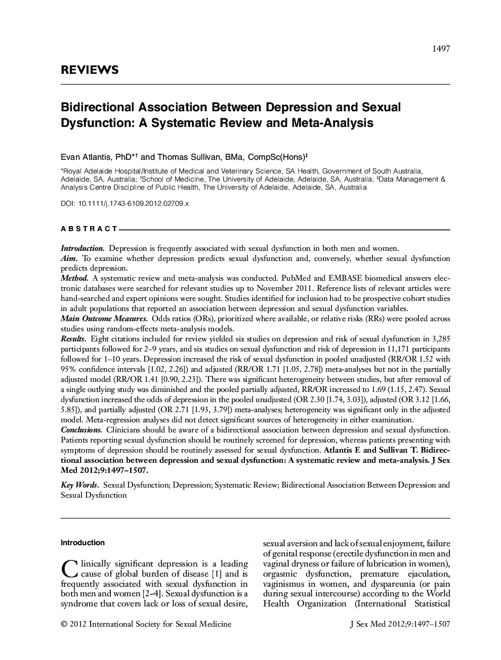 Bidirectional Association Between Depression and Sexual Dysfunction: A Systematic Review and Meta-Analysis