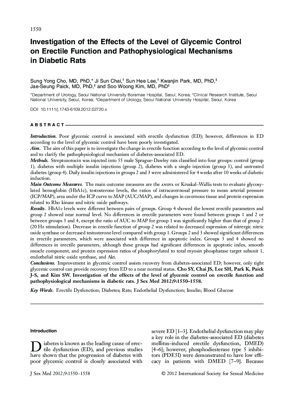 Investigation of the Effects of the Level of Glycemic Control on Erectile Function and Pathophysiological Mechanisms in Diabetic Rats