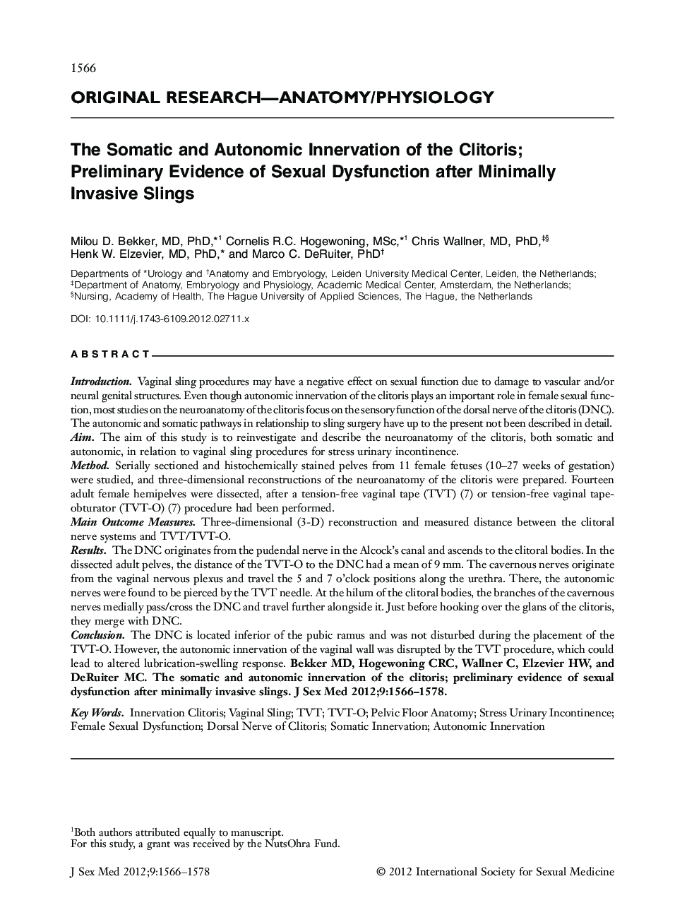 The Somatic and Autonomic Innervation of the Clitoris; Preliminary Evidence of Sexual Dysfunction after Minimally Invasive Slings