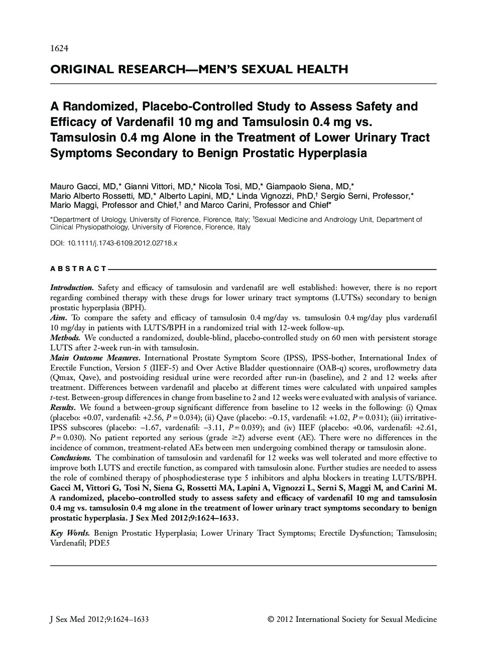 A Randomized, Placebo-Controlled Study to Assess Safety and Efficacy of Vardenafil 10 mg and Tamsulosin 0.4 mg vs. Tamsulosin 0.4 mg Alone in the Treatment of Lower Urinary Tract Symptoms Secondary to Benign Prostatic Hyperplasia