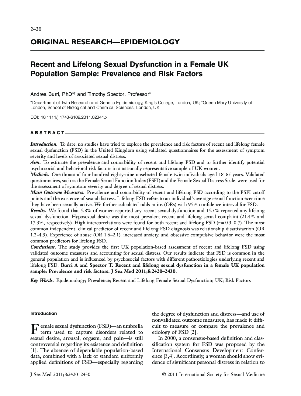 Recent and Lifelong Sexual Dysfunction in a Female UK Population Sample: Prevalence and Risk Factors