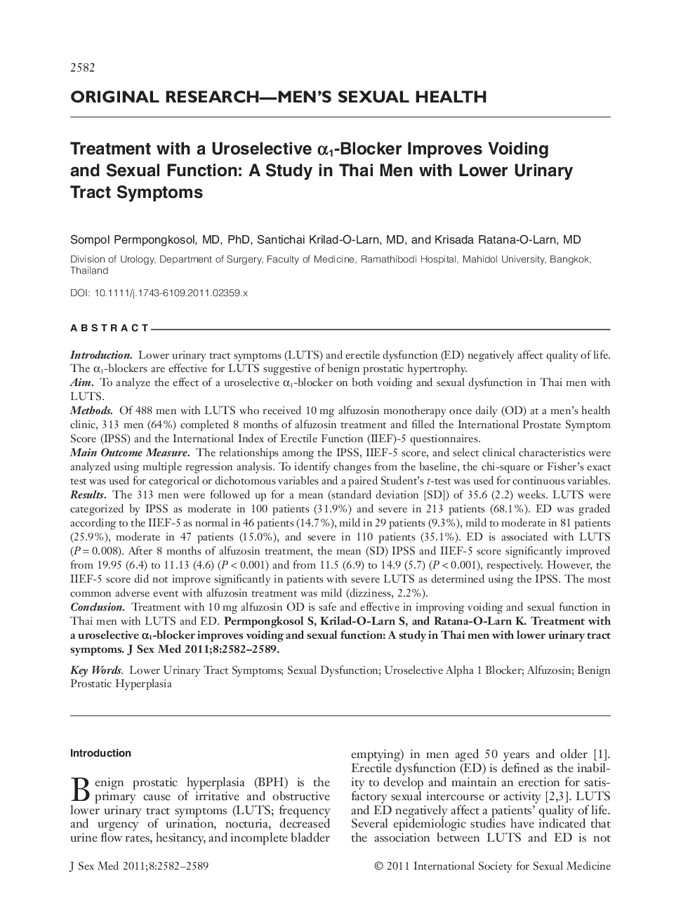 Treatment with a Uroselective Î±1âBlocker Improves Voiding and Sexual Function: A Study in Thai Men with Lower Urinary Tract Symptoms