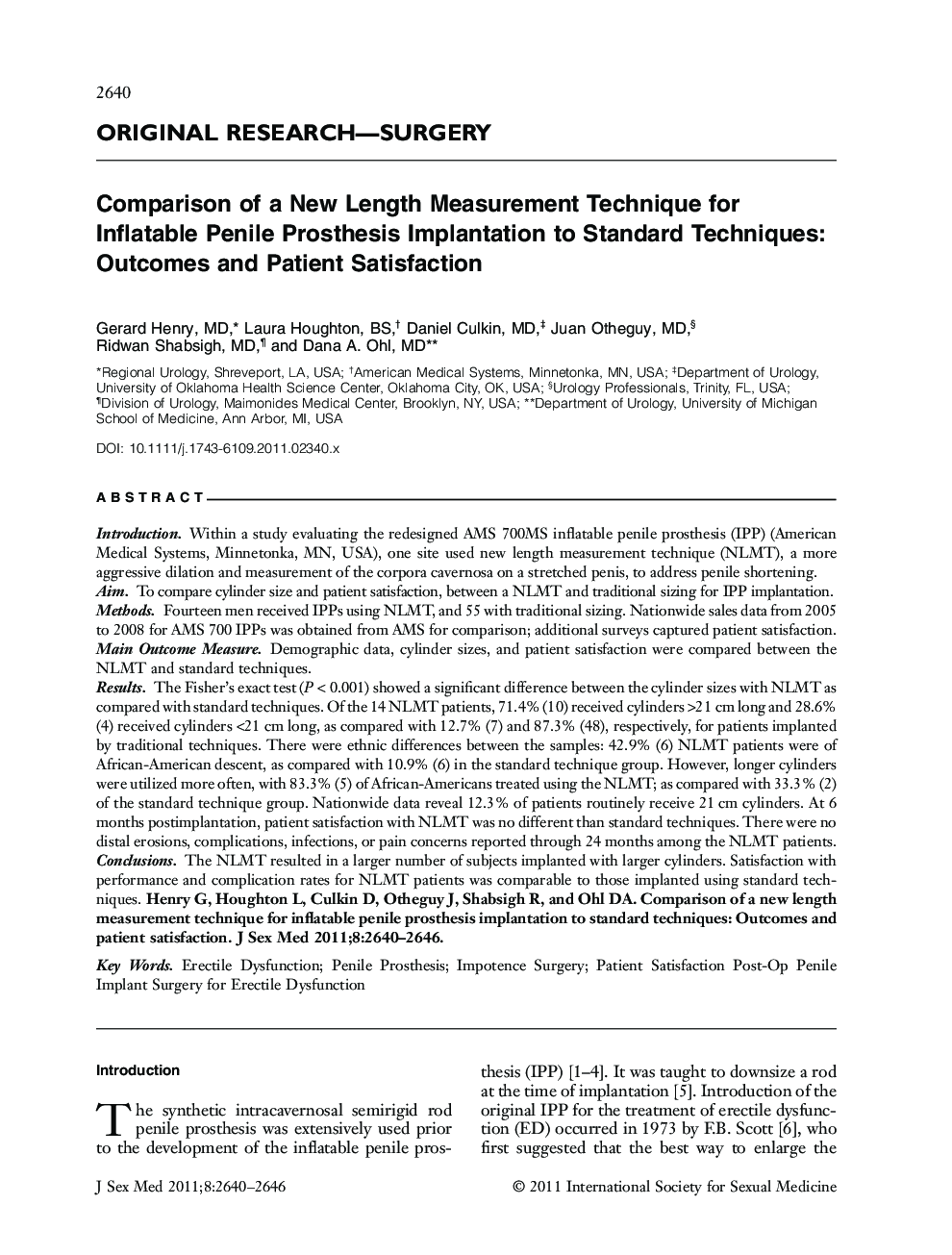 Comparison of a New Length Measurement Technique for Inflatable Penile Prosthesis Implantation to Standard Techniques: Outcomes and Patient Satisfaction