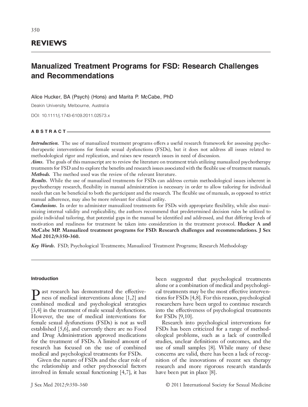 Manualized Treatment Programs for FSD: Research Challenges and Recommendations