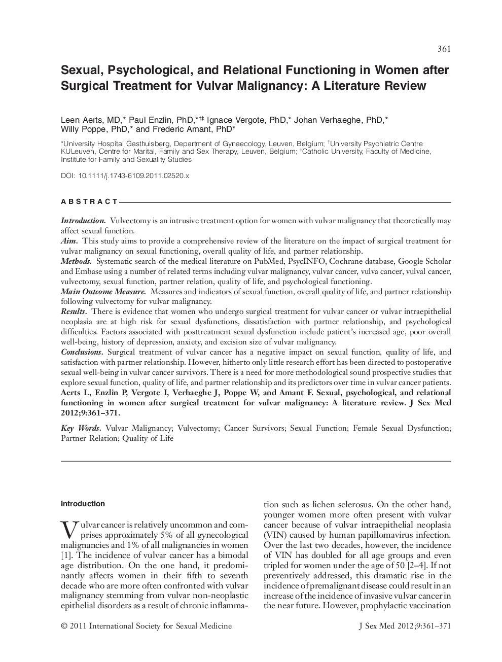 Sexual, Psychological, and Relational Functioning in Women after Surgical Treatment for Vulvar Malignancy: A Literature Review