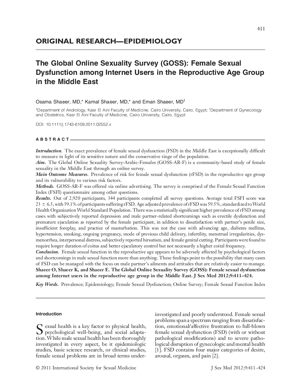 The Global Online Sexuality Survey (GOSS): Female Sexual Dysfunction among Internet Users in the Reproductive Age Group in the Middle East