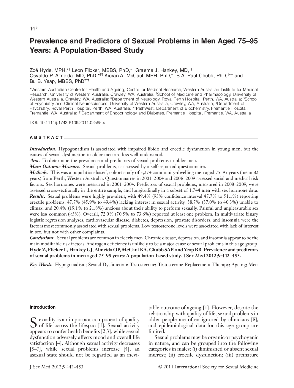 Prevalence and Predictors of Sexual Problems in Men Aged 75–95 Years: A Population‐Based Study