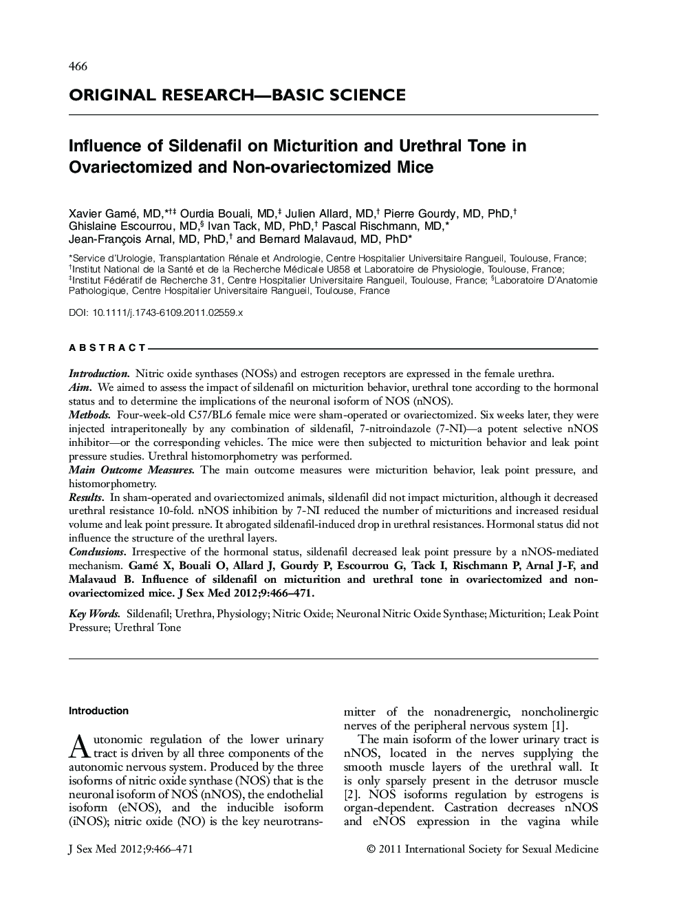 Influence of Sildenafil on Micturition and Urethral Tone in Ovariectomized and Non‐ovariectomized Mice