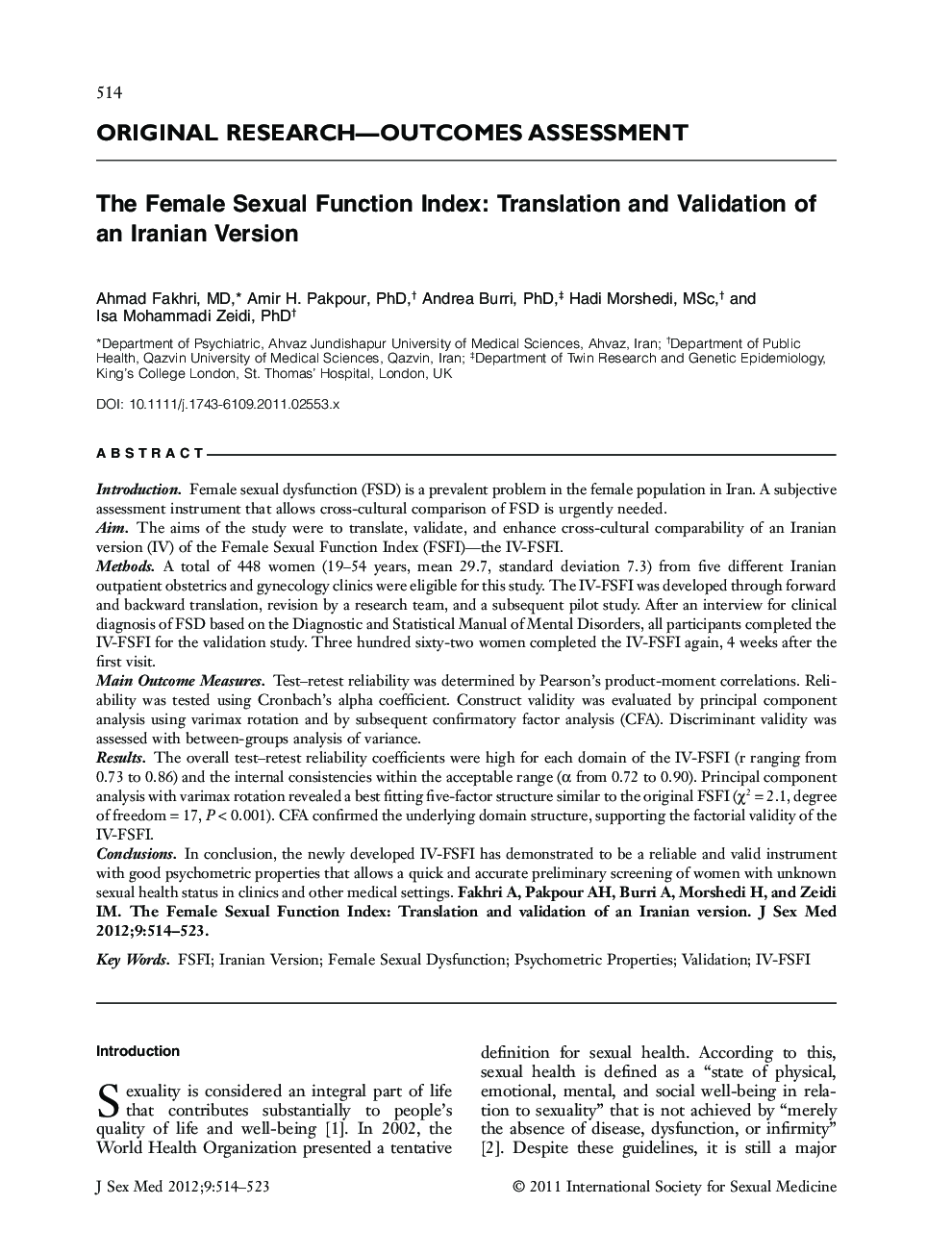 The Female Sexual Function Index: Translation and Validation of an Iranian Version