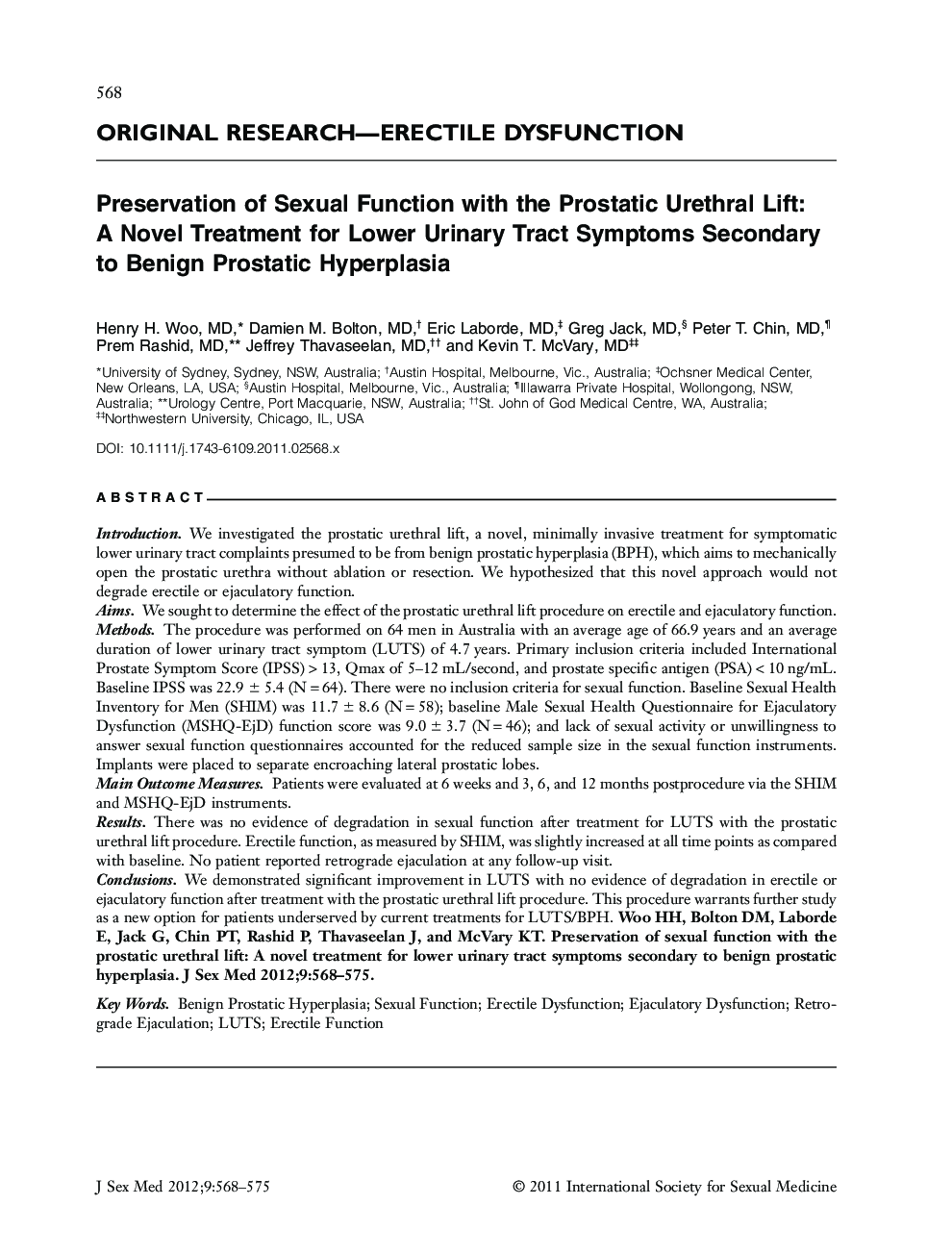 Preservation of Sexual Function with the Prostatic Urethral Lift: A Novel Treatment for Lower Urinary Tract Symptoms Secondary to Benign Prostatic Hyperplasia