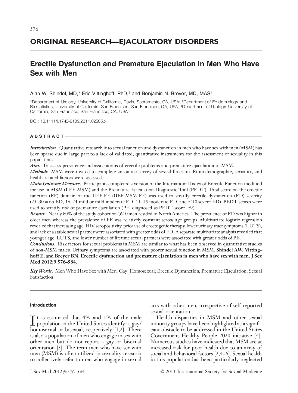 Erectile Dysfunction and Premature Ejaculation in Men Who Have Sex with Men