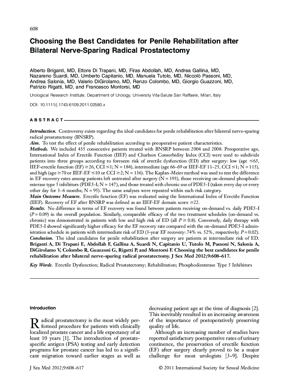 Choosing the Best Candidates for Penile Rehabilitation after Bilateral Nerve‐Sparing Radical Prostatectomy