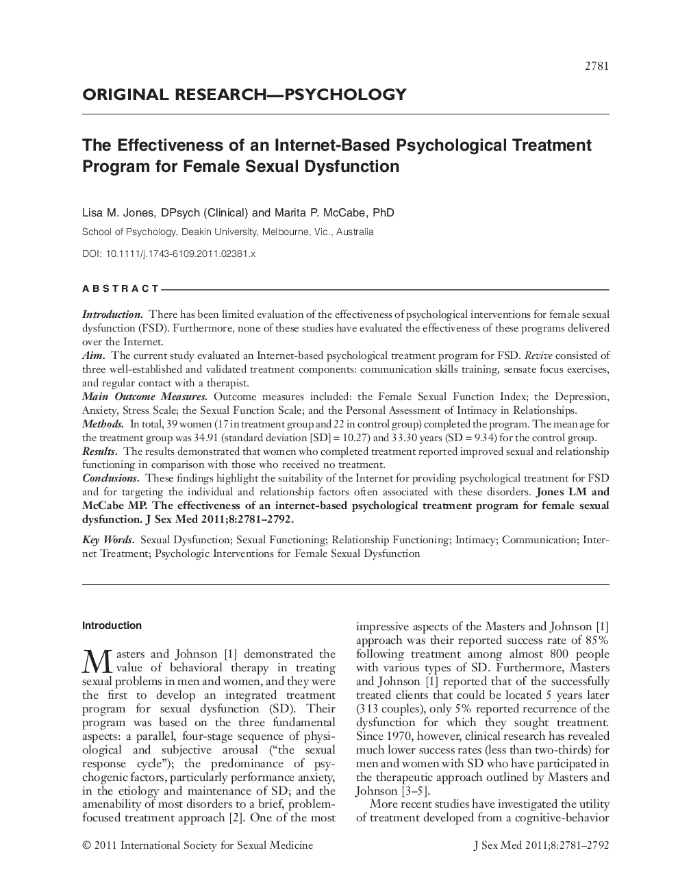 The Effectiveness of an InternetâBased Psychological Treatment Program for Female Sexual Dysfunction