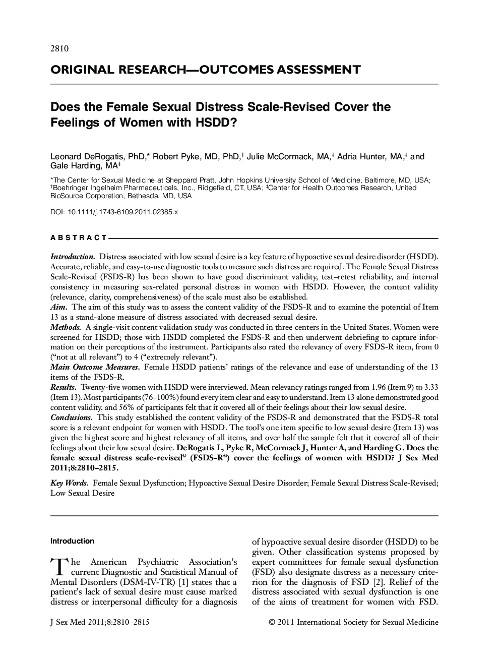 Does the Female Sexual Distress ScaleâRevised Cover the Feelings of Women with HSDD?