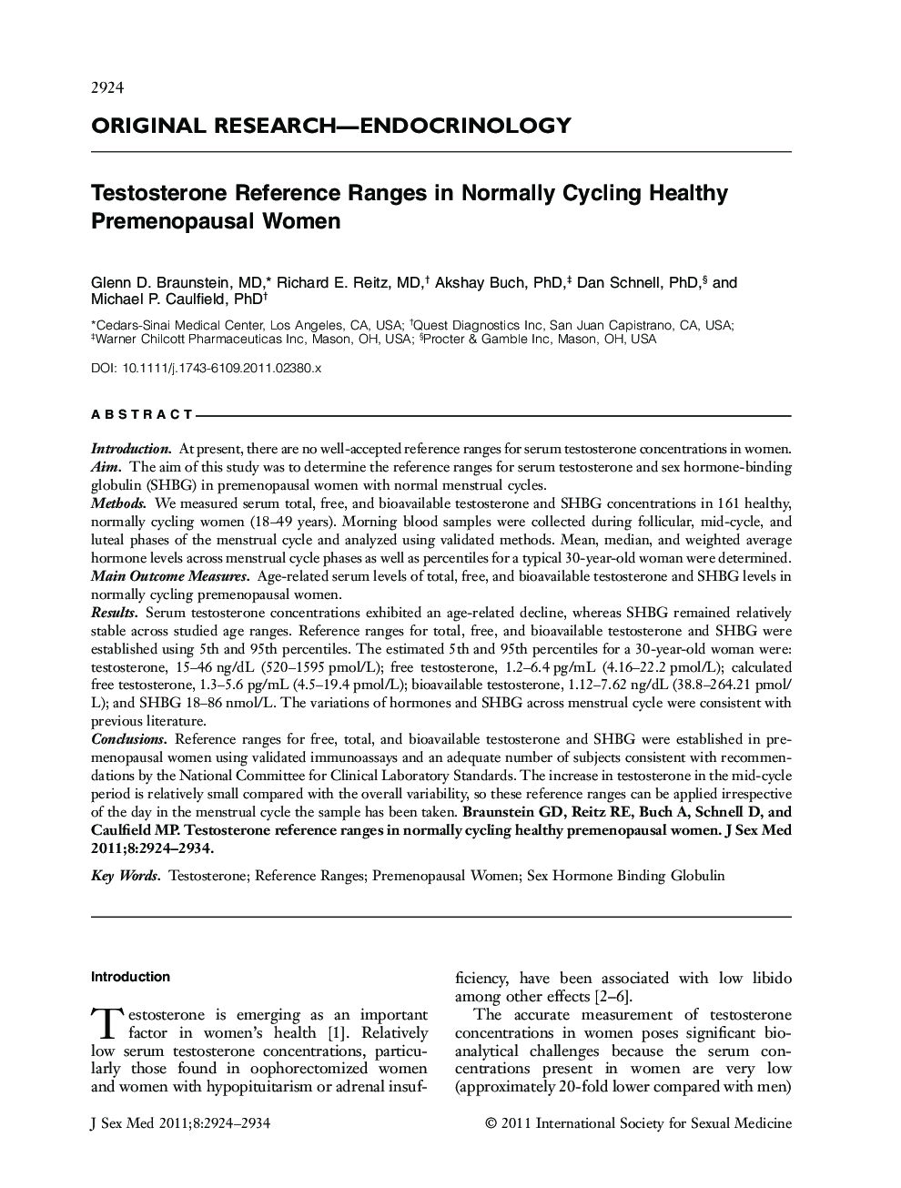 Testosterone Reference Ranges in Normally Cycling Healthy Premenopausal Women