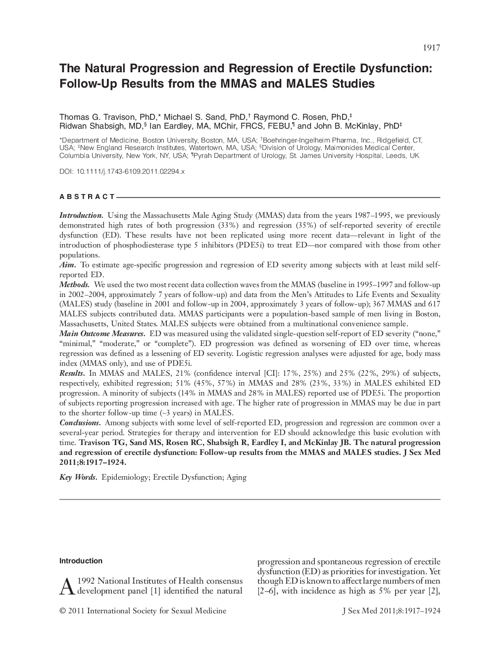 The Natural Progression and Regression of Erectile Dysfunction: FollowâUp Results from the MMAS and MALES Studies