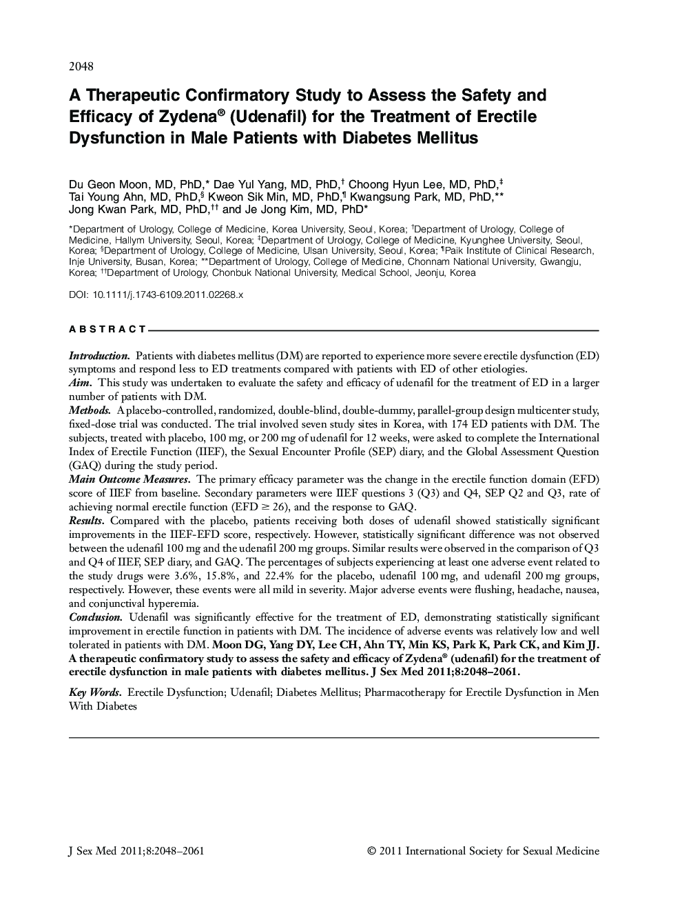 A Therapeutic Confirmatory Study to Assess the Safety and Efficacy of Zydena® (Udenafil) for the Treatment of Erectile Dysfunction in Male Patients with Diabetes Mellitus