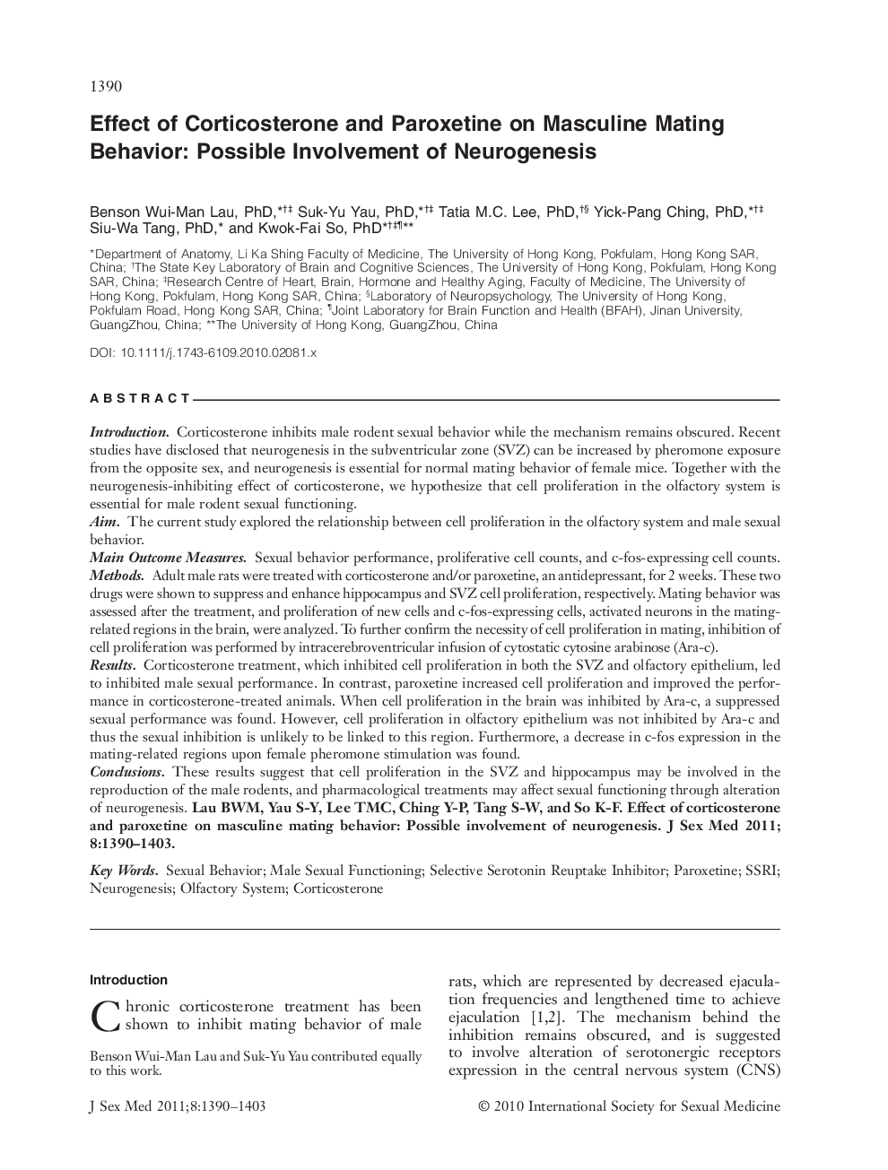 Effect of Corticosterone and Paroxetine on Masculine Mating Behavior: Possible Involvement of Neurogenesis