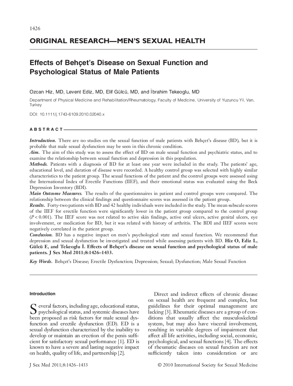 Effects of Behçet's Disease on Sexual Function and Psychological Status of Male Patients