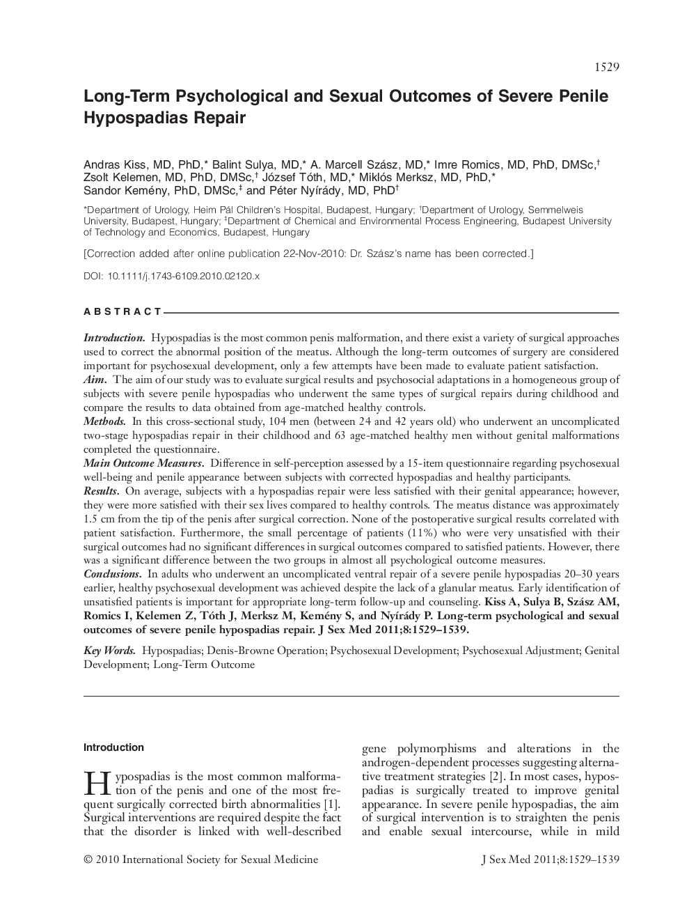 Long-Term Psychological and Sexual Outcomes of Severe Penile Hypospadias Repair