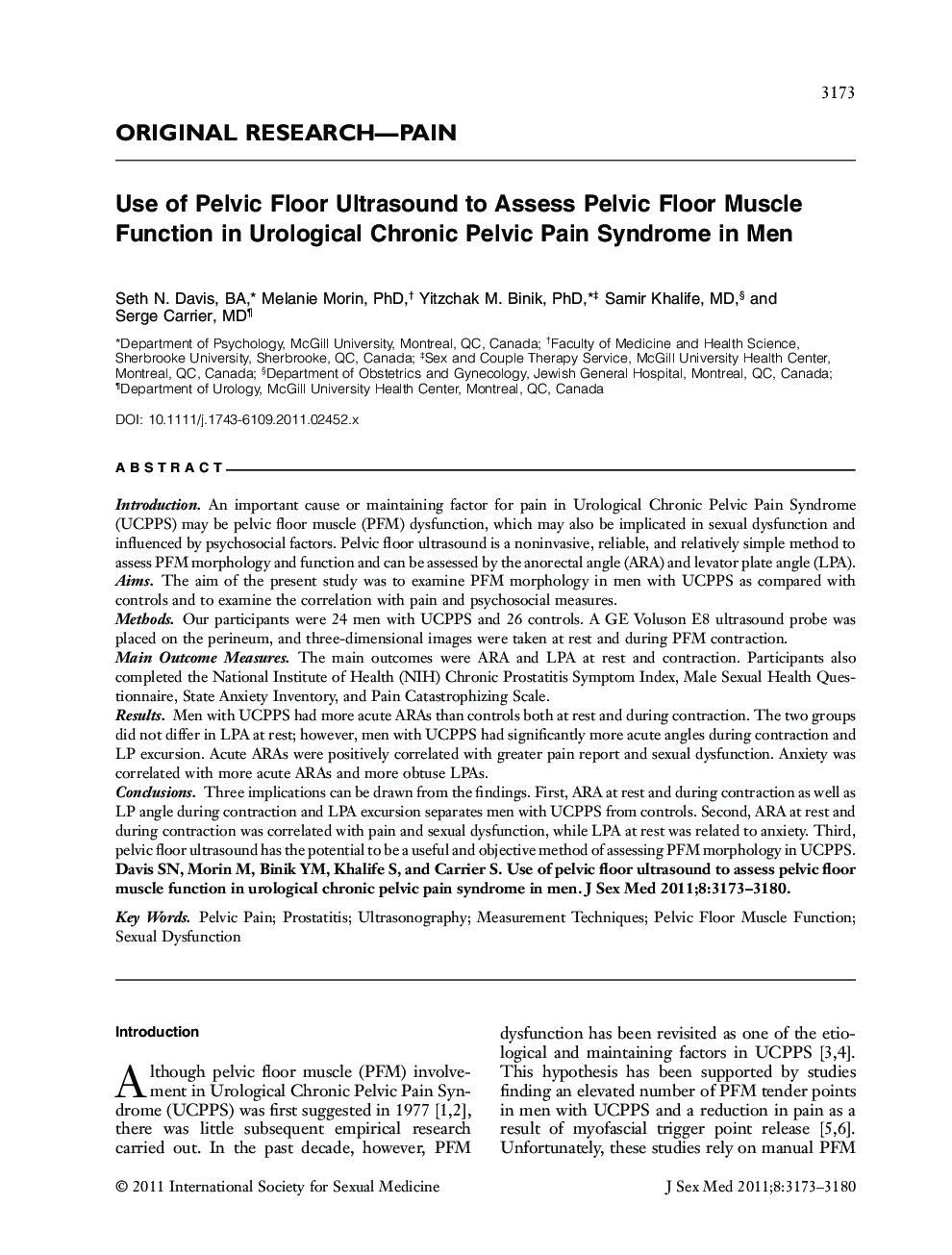 Use of Pelvic Floor Ultrasound to Assess Pelvic Floor Muscle Function in Urological Chronic Pelvic Pain Syndrome in Men