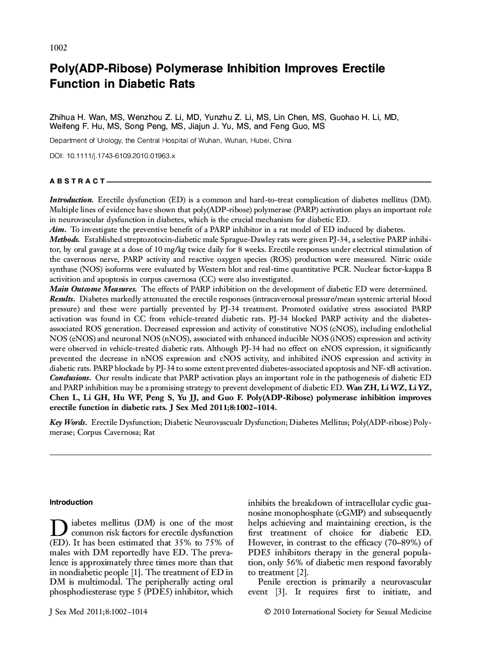 Poly(ADPâRibose) Polymerase Inhibition Improves Erectile Function in Diabetic Rats