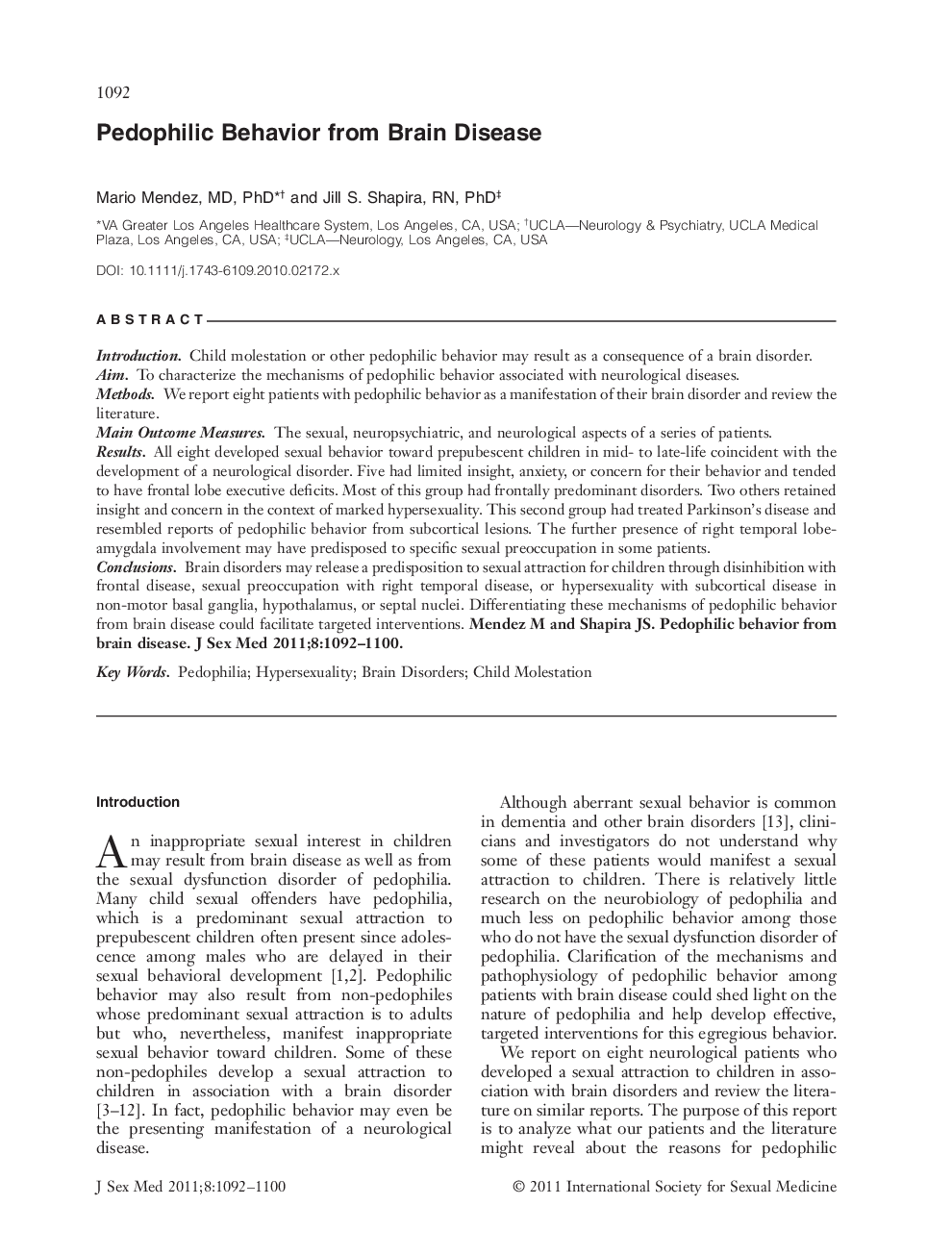 Pedophilic Behavior from Brain Disease