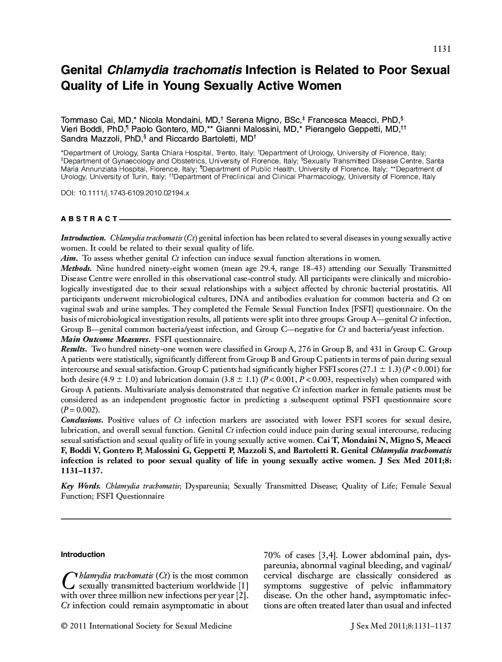 Genital Chlamydia trachomatis Infection is Related to Poor Sexual Quality of Life in Young Sexually Active Women