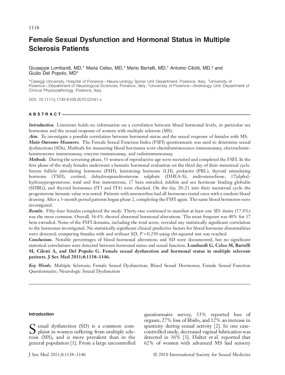 Female Sexual Dysfunction and Hormonal Status in Multiple Sclerosis Patients