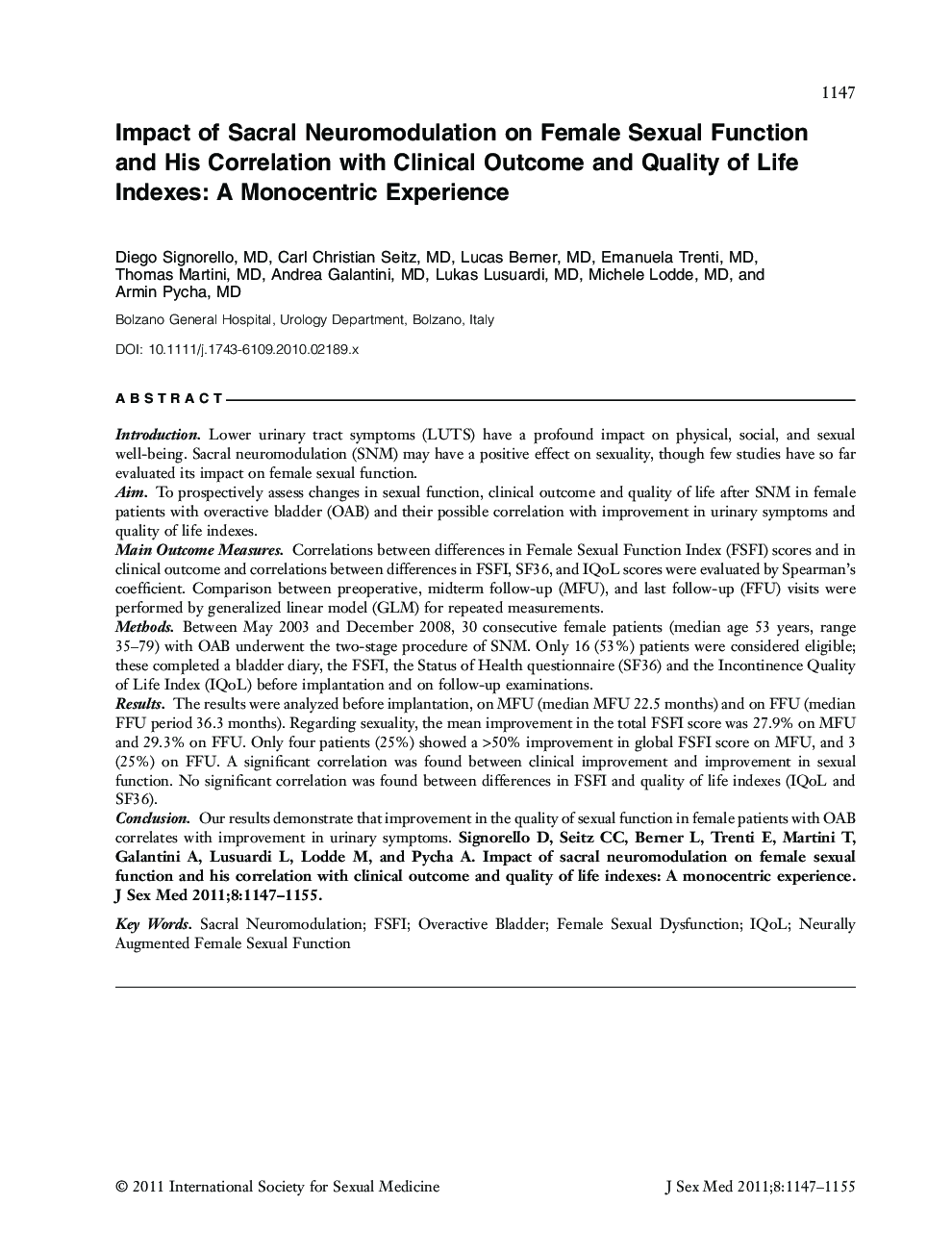 Impact of Sacral Neuromodulation on Female Sexual Function and His Correlation with Clinical Outcome and Quality of Life Indexes: A Monocentric Experience