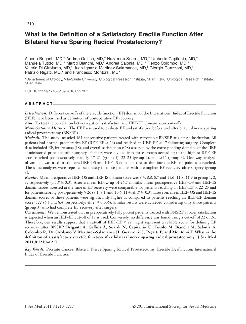What Is the Definition of a Satisfactory Erectile Function After Bilateral Nerve Sparing Radical Prostatectomy?