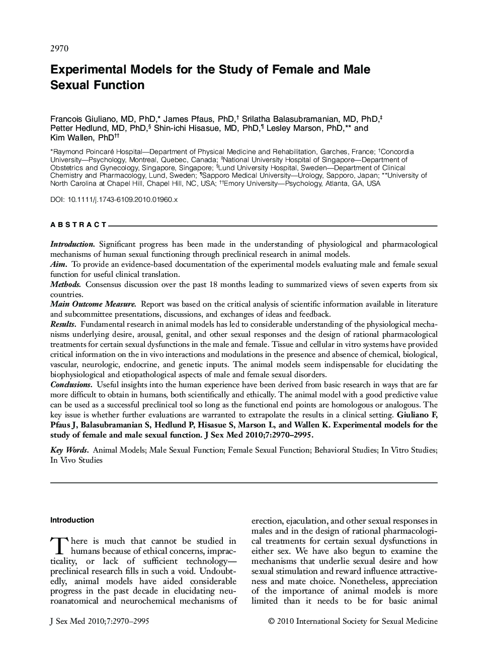 Experimental Models for the Study of Female and Male Sexual Function