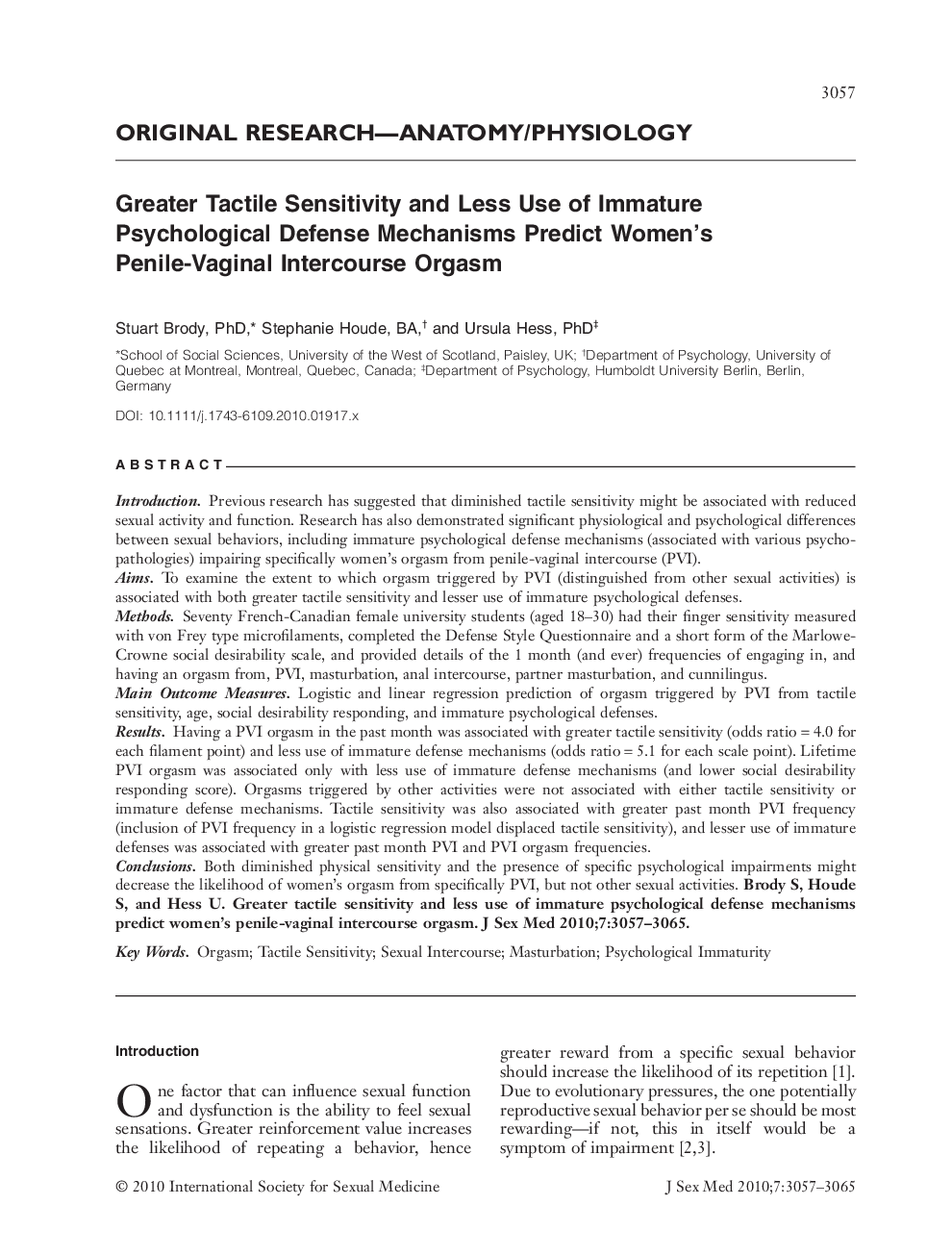 عکس صفحه اول مقاله: Greater Tactile Sensitivity and Less Use of Immature Psychological Defense Mechanisms Predict Women's Penile-Vaginal Intercourse Orgasm Greater Tactile Sensitivity and Less Use of Immature Psychological Defense Mechanisms Predict Women's Penile-Vaginal Intercourse Orgasm