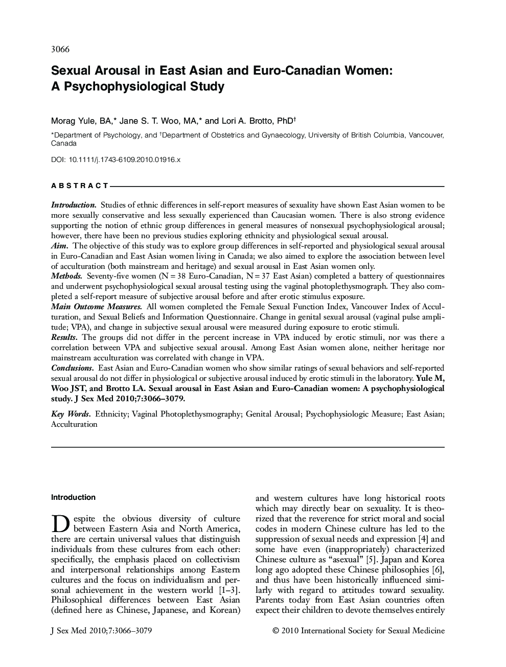 Sexual Arousal in East Asian and Euro-Canadian Women: A Psychophysiological Study