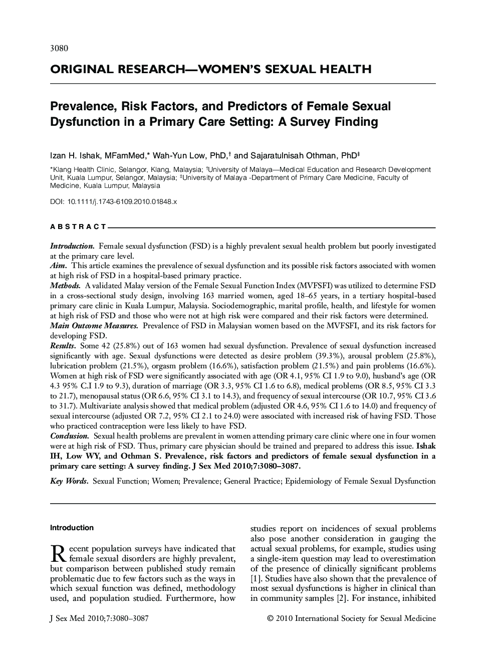 Prevalence, Risk Factors, and Predictors of Female Sexual Dysfunction in a Primary Care Setting: A Survey Finding