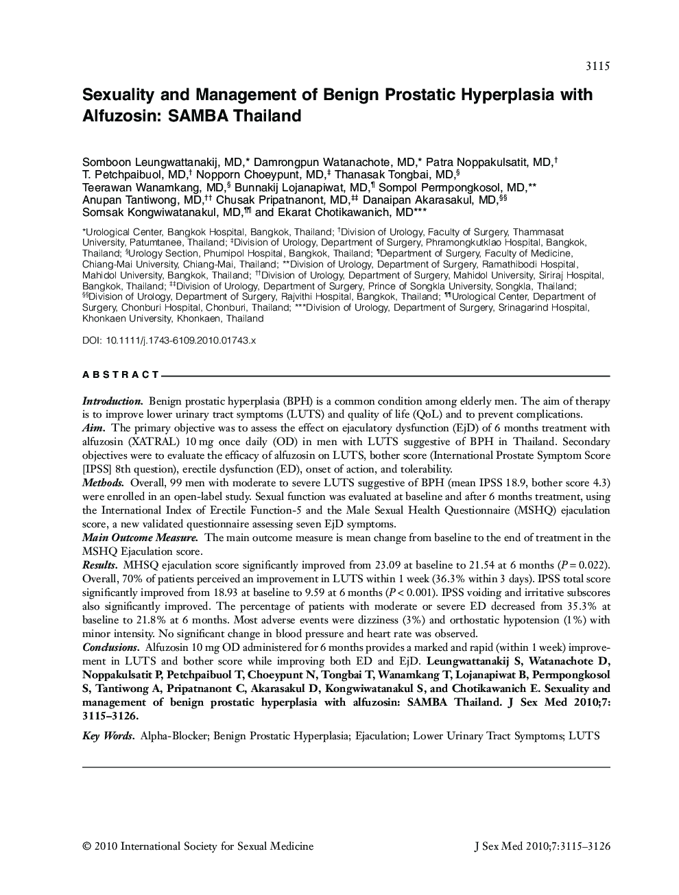 Sexuality and Management of Benign Prostatic Hyperplasia with Alfuzosin: SAMBA Thailand