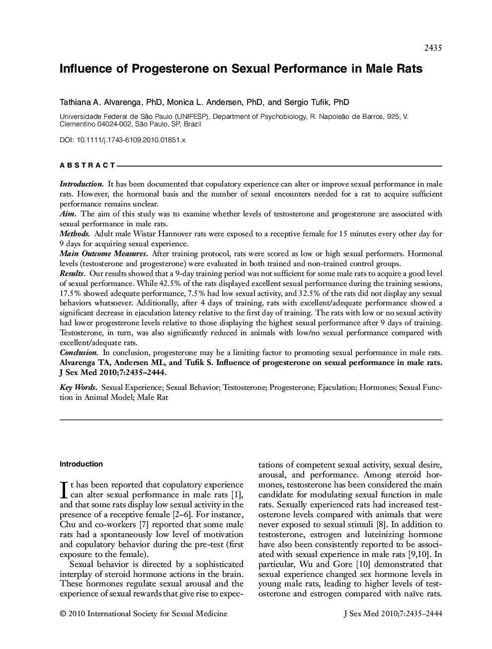 Influence of Progesterone on Sexual Performance in Male Rats