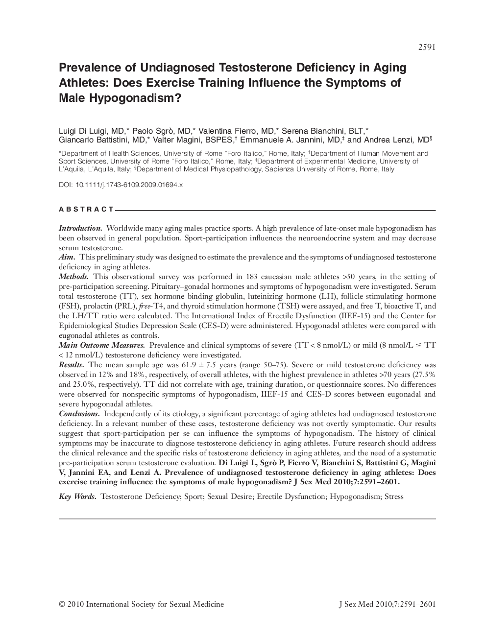 Prevalence of Undiagnosed Testosterone Deficiency in Aging Athletes: Does Exercise Training Influence the Symptoms of Male Hypogonadism?