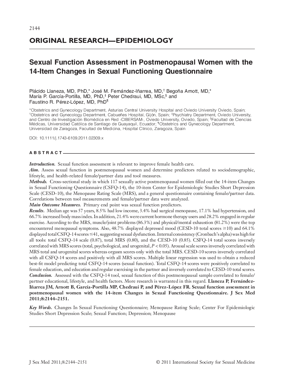 Sexual Function Assessment in Postmenopausal Women with the 14âItem Changes in Sexual Functioning Questionnaire