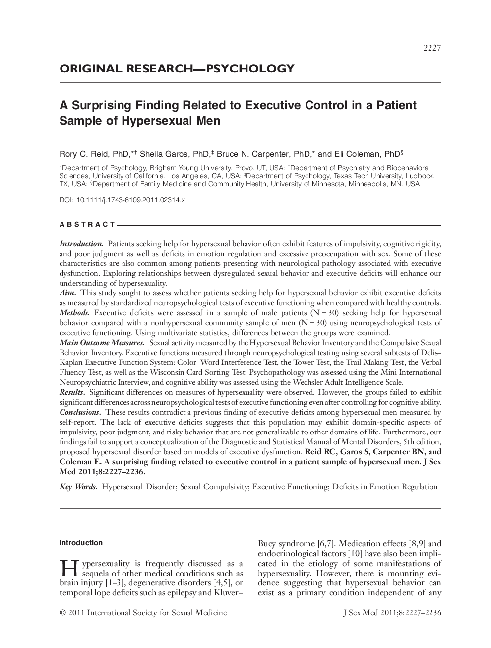 A Surprising Finding Related to Executive Control in a Patient Sample of Hypersexual Men