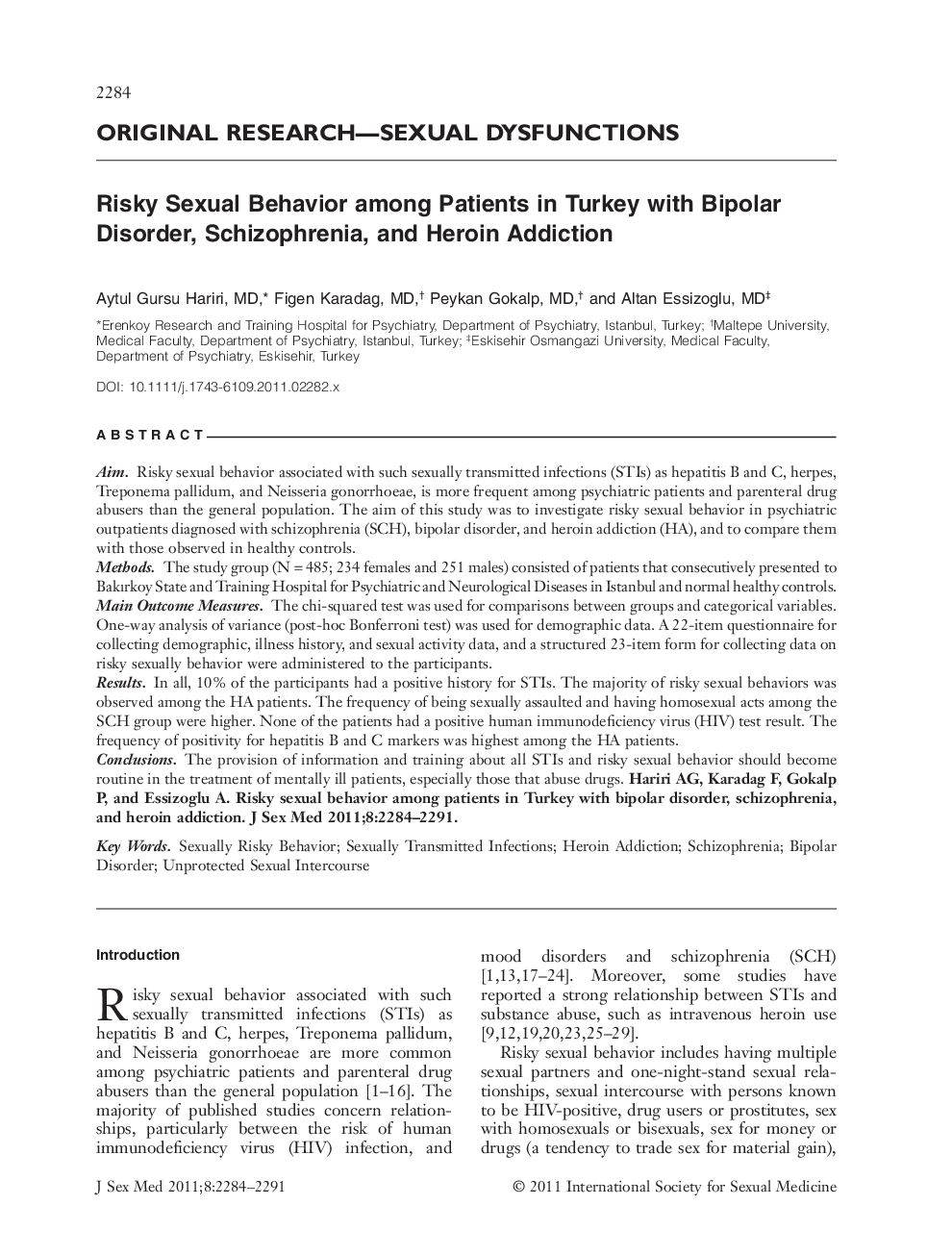 Risky Sexual Behavior among Patients in Turkey with Bipolar Disorder, Schizophrenia, and Heroin Addiction