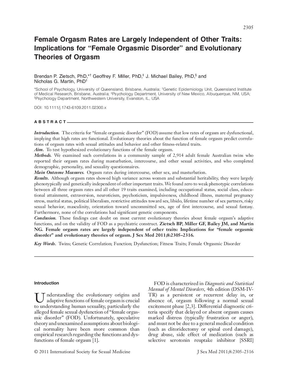 Female Orgasm Rates are Largely Independent of Other Traits: Implications for “Female Orgasmic Disorder” and Evolutionary Theories of Orgasm