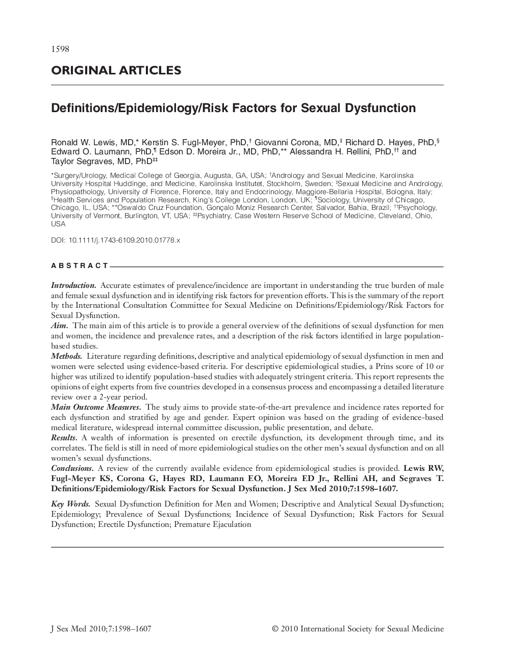 ORIGINAL ARTICLES: Definitions/Epidemiology/Risk Factors for Sexual Dysfunction
