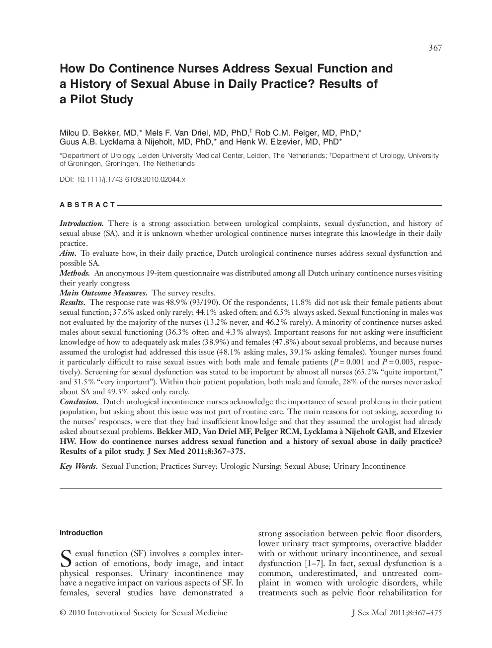 How Do Continence Nurses Address Sexual Function and a History of Sexual Abuse in Daily Practice? Results of a Pilot Study