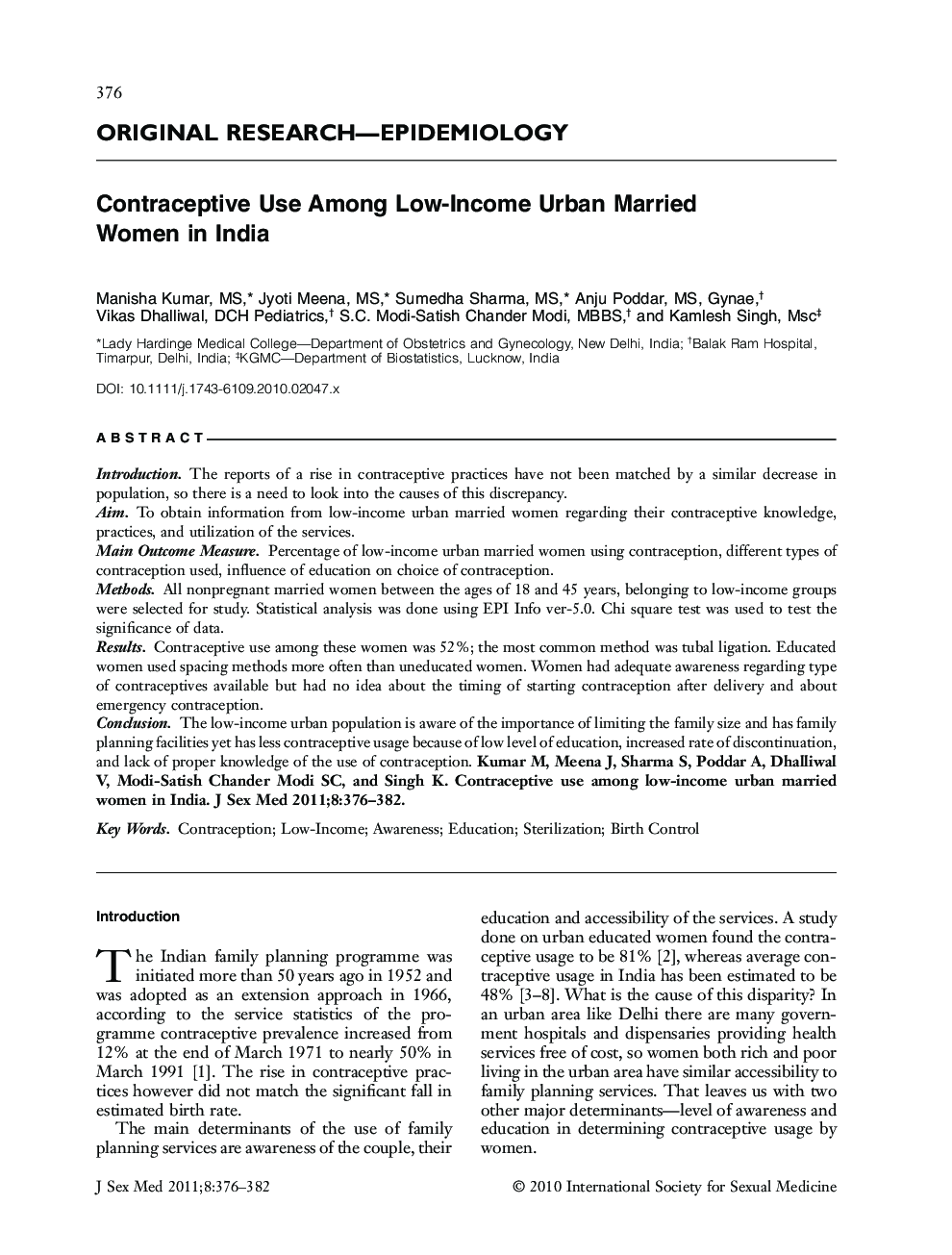 Contraceptive Use Among LowâIncome Urban Married Women in India