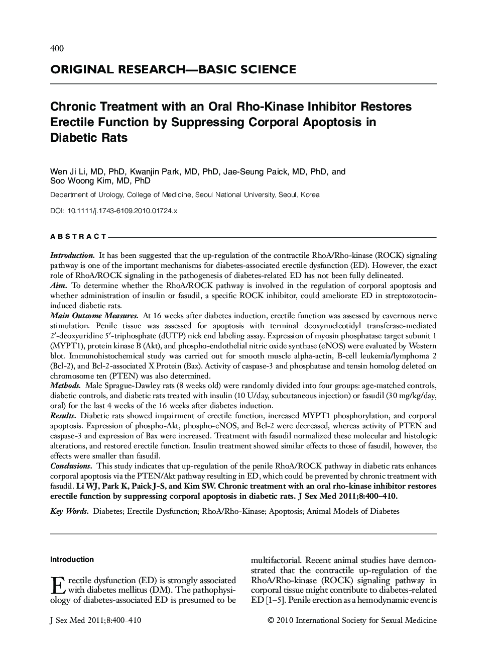 Chronic Treatment with an Oral RhoâKinase Inhibitor Restores Erectile Function by Suppressing Corporal Apoptosis in Diabetic Rats