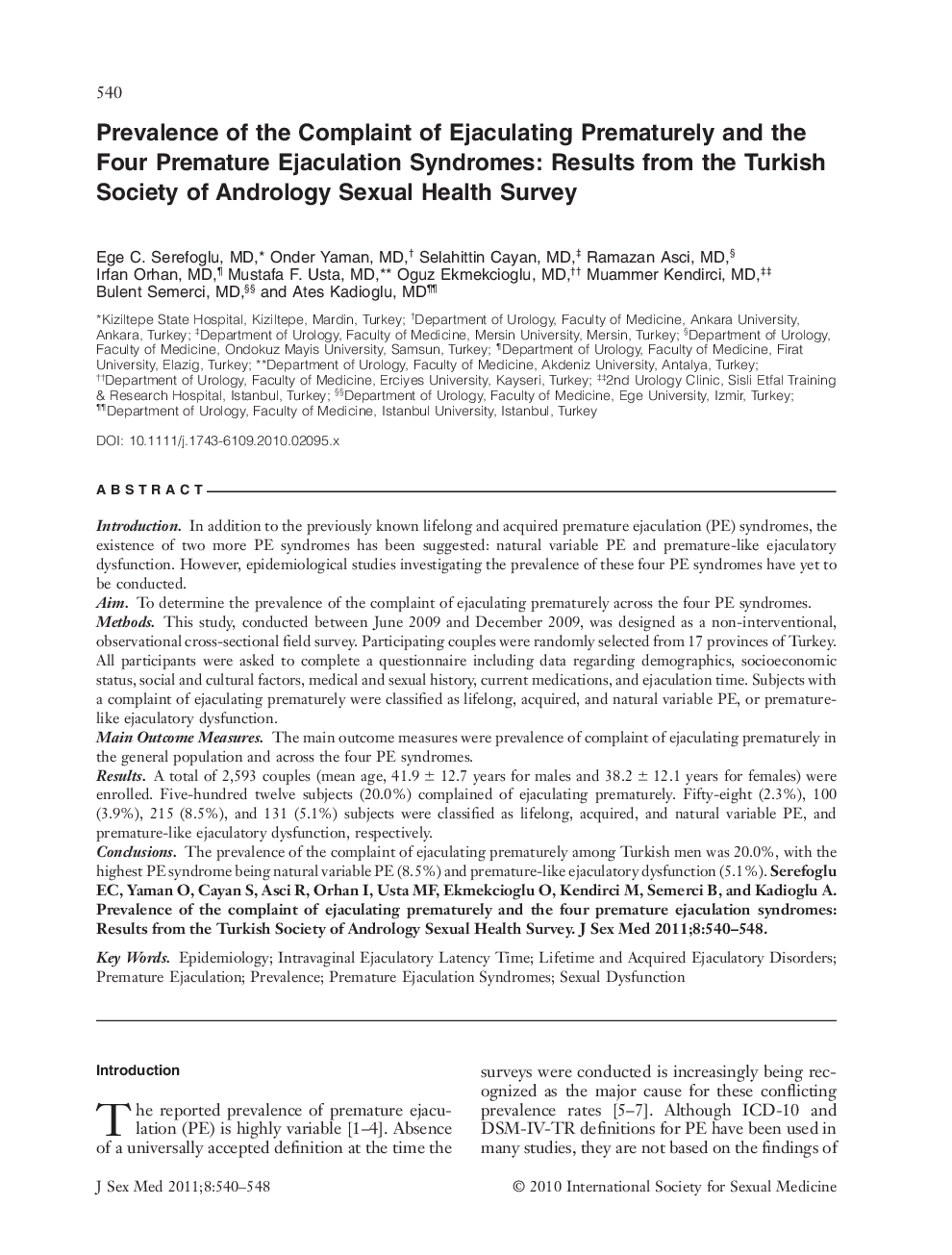 Prevalence of the Complaint of Ejaculating Prematurely and the Four Premature Ejaculation Syndromes: Results from the Turkish Society of Andrology Sexual Health Survey